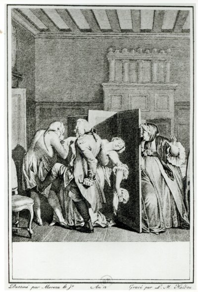 Il barone... salutò Candide con alcuni notevoli calci sul sedere e lo cacciò fuori, illustrazione dal capitolo 1 di Candide di Francois Voltaire (1694-1778) inciso da Louis Michel Halbou da Jean Michel the Younger Moreau