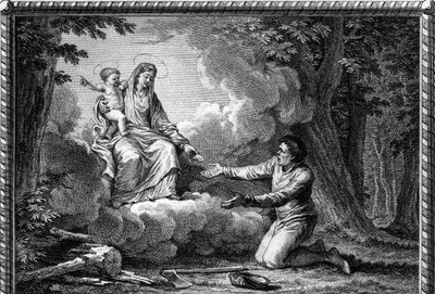 Tregua del Signore sotto Enrico I nel 1004: La Vergine appare al boscaiolo, vicino a Puy-en-Velay (Puy en Velay, Haute Loire), gli dà una medaglia e gli ordina di lavorare per la Pace: questo è il punto di partenza della Tregua di Dio istituita nel 1044. I da Jean Michel the Younger (after) Moreau