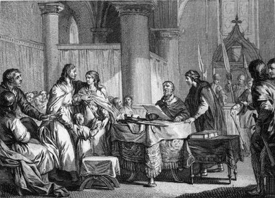 Abdicazione di Carlomanno (ca. 715-754), sindaco del palazzo di Austrasia, a favore del suo fratello, Pipino III detto Pipino il Breve (714-768), 747. Incisione di Jean Michel Moreau, detto Moreau le Jeune da Jean Michel the Younger Moreau