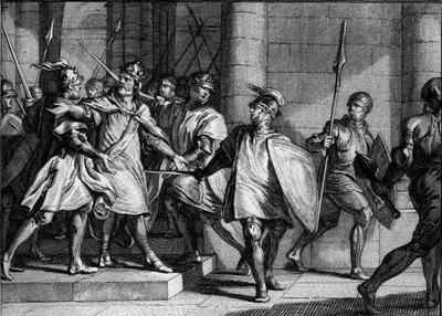 Arresto di Ludovico I il Pio o il Bonario (778-840), 830: i suoi tre figli (Lotario, Pipino e Ludovico) si ribellano contro la sua decisione di includere il suo ultimo figlio, il futuro Carlo il Calvo, nella sua successione. Incisione di Jean Michel Moreau da Jean Michel the Younger Moreau
