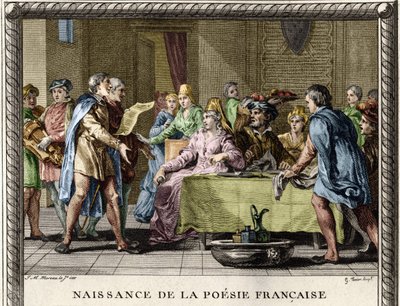 Nascita della poesia francese: Trovatori, seguiti da giocolieri e ménestrelli, recitano le prime poesie in francese durante le festività tra i nobili nel XII secolo. Incisione di Moreau le Jeune da Jean Michel the Younger Moreau
