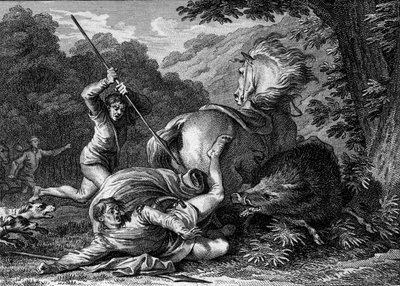Carlomanno II morì (867-884) durante una battuta di caccia, 884. Volendo aiutare il re attaccato da un cinghiale, un servitore accidentalmente gli conficcò la spia nella coscia. Incisione di Jean Michel Moreau, detto Moreau le Jeune da Jean Michel the Younger Moreau