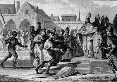 Carlo III il Semplice (879-929) viene ricostruito sul trono di Francia da Foulques, Arcivescovo di Reims, 892. Incisione di Jean Michel Moreau, detto Moreau le Jeune (1741-1814) da Jean Michel the Younger Moreau