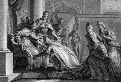 Emma di Francia (894-934), sorella di Ugo il Grande (897-956), si prostra ai suoi piedi. Sposata con Raoul di Borgogna (o Rodolfo, 890-936), decise, su richiesta del fratello, di dare la corona di Francia a suo marito, dichiarando 