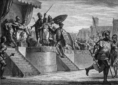 Fine della dinastia merovingia, 751: deposizione del re Childerico III (ca. 714-754) da parte di Pipino il Breve (714-768). Incisione di Jean Michel Moreau, detto Moreau il Giovane (1741-1814) da Jean Michel the Younger Moreau