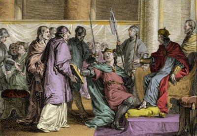 Erispoe (morto 857), Re di Bretagna (Herispogius - Hervspogius - Respogius) riceve gli ornamenti del regno dalle mani di Carlo II il Calvo (823-877), 851. Incisione di Jean Michel Moreau, detto Moreau le Jeune (1741-1814) da Jean Michel the Younger Moreau