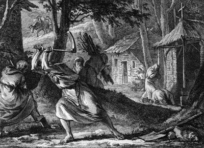Eremiti che vivono in comunità in una foresta francese, fine XI-inizio XII secolo. Incisione di Jean Michel Moreau, detto Moreau le Jeune (1741-1814) da Jean Michel the Younger Moreau
