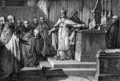 Ugo Capeto (941-996) ristabilì le elezioni canoniche: il re dei Franchi permise ai monaci di eleggere i loro abati ponendo su un altare un pastorale e una mitra. Incisione di Jean Michel Moreau, detto Moreau le Jeune (1741-1814) da Jean Michel the Younger Moreau