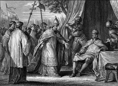 Intervista tra Papa Gregorio IV (morto 844) e Ludovico I il Pio o il Bonario (778-840), nel 833, per risolvere la disputa tra il re e i suoi figli, Lotario, Pepino e Ludovico. Incisione di Jean Michel Moreau, detto Moreau le Jeune (1741-1814) da Jean Michel the Younger Moreau