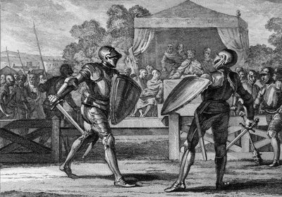 Giustizia sotto i Capetingi: un duello in armatura tra due vassalli per arbitrare una disputa. Un tribunale ("tribunale dei pari o baroni") cercava prima di risolvere la loro disputa. In caso di fallimento, si sarebbero impegnati in una battaglia fino alla da Jean Michel the Younger Moreau