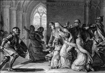 Luigi I il Pio scaccia le sue sorelle e i suoi nipoti dal palazzo, 814. Sono accusati di complottare contro di lui. Incisione di Jean Michel Moreau, detto Moreau le Jeune da Jean Michel the Younger Moreau