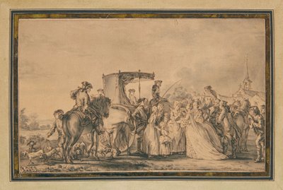 Maria Antonietta, scendendo dalla sua carrozza e circondata dal suo corteo, conforta un contadino, 1773 da Jean Michel the Younger Moreau