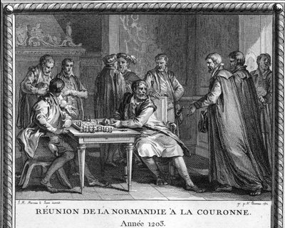 Attaccamento della Normandia alla Francia nel 1203: incisione rappresenta Giovanni Senza Terra (1167-1216) che riceve la notizia della conquista di Rouen da parte del re francese Filippo Augusto. Incisione di Moreau le jeune da Jean Michel the Younger Moreau