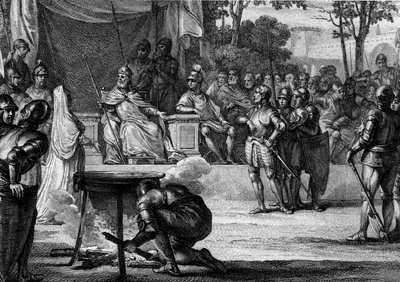 Ordalie o "i giudizi di Dio", 831: accusati di tradimento verso Ludovico il Pio (778-840), Judith Welf (805-843), sua moglie, e Bernardo di Settimania (circa 800-844), ciambellano del regno, cercano di provare la loro innocenza davanti a... da Jean Michel the Younger Moreau