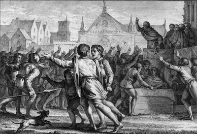 Papa Urbano II (1042-1099) arringa la folla al Concilio di Clermont per incoraggiare la popolazione a partecipare alla Prima Crociata e a ricevere la croce di stoffa rossa, simbolo delle incisioni da Jean Michel the Younger Moreau