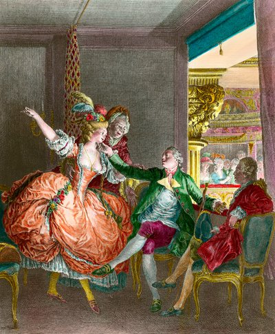 Prostituzione: "La presentazione a teatro". Una giovane donna viene presentata tramite una mezzana a un gentiluomo. Incisione di Moreau le Jeune (1741-1814). XIX secolo. Collezione privata da Jean Michel the Younger Moreau