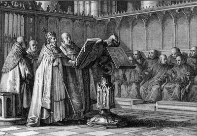 Roberto II il Pio (970-1031), Re dei Franchi, canta durante un servizio religioso davanti a un leggio. Indossa la sua corona e tiene il suo scettro. Incisione di Jean Michel Moreau, detto Moreau le Jeune (1741-1814) da Jean Michel the Younger Moreau