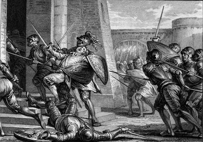 Roberto il Forte morì (circa 815-866), Duca di Francia, durante la Battaglia di Brissarthe, nel 866, opponendo i Franchi a un esercito combinato di Bretoni e Vichinghi. Incisione di Jean Michel Moreau, detto Moreau il Giovane da Jean Michel the Younger Moreau