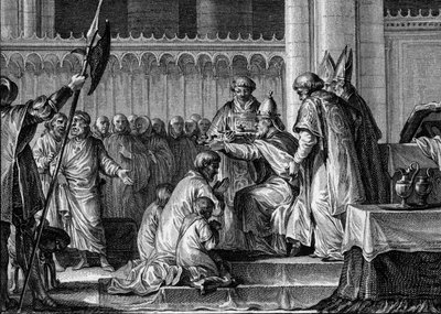 Incoronazione di Pipino il Breve (714-768), Basilica di Saint Denis, 28 luglio 754: Papa Stefano II lo consacrò re dei Franchi e Patrizio dei Romani. Al suo fianco, i suoi due figli, Carlomanno e Carlo (il futuro Carlo Magno). Incisione da Jean Michel the Younger Moreau