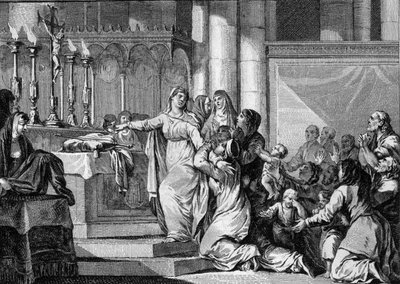 Santa Batilde (o Batilde, Bathylle, Beaudour) (626-680), regina dei Franchi e vedova di Clodoveo II, decise di prendere il velo nel monastero di Chelles nel 665. I suoi sudditi cercano di fermarla. Incisione di Jean Michel Moreau, detto Moreau le Jeune (17 da Jean Michel the Younger Moreau