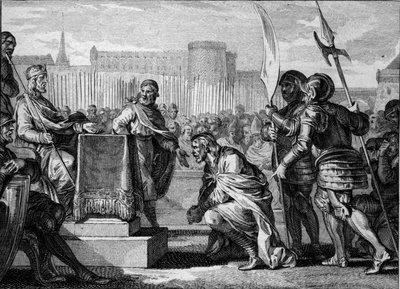 Tassilon III (742-794), Duca di Baviera, si prostra davanti a Carlo Magno (747-814), Re dei Franchi, a Ingelheim, 788. Fu condannato per tradimento e condannato a morte ma finì la sua vita in un monastero. Incisione di Jean Michel Moreau da Jean Michel the Younger Moreau