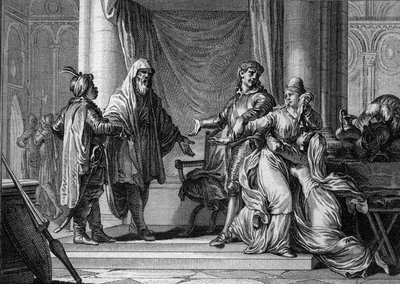 La principessa di Aquitania, Lampagie, fu costretta dal padre (Eudes) a sposare il capitano moresco Munuza (Uthman ibn Naissa) per assicurare la pace con i Saraceni, 730. Incisione di Jean Michel Moreau, detto Moreau le Jeune (1741-1814) da Jean Michel the Younger Moreau