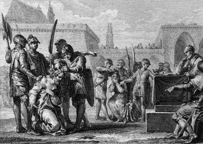 Thierry III (651-691), re dei Franchi, ed Ebroin (morto 681), maggiordomo del Palazzo di Neustria, furono falciati dalla popolazione, ostile ai due uomini. 669. Incisione di Jean Michel Moreau, detto Moreau le Jeune (1741-1814) da Jean Michel the Younger Moreau