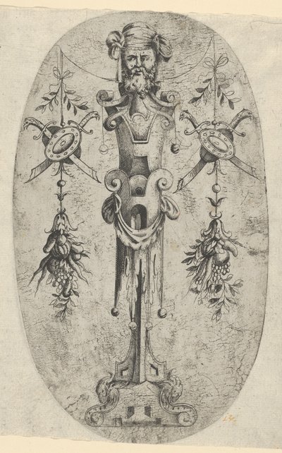 Figura terminale maschile, testa con barba e turbante su un piedistallo a tre quarti, ca. 1543-45 da Jean Mignon
