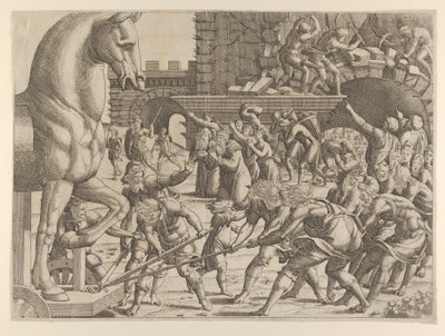 I Troiani portano il cavallo di legno nella loro città, 1535-55 da Jean Mignon