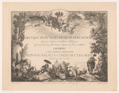 Pagina del titolo con figure e animali in un paesaggio, con il ritratto di Philips Wouwerman da Jean Moyreau
