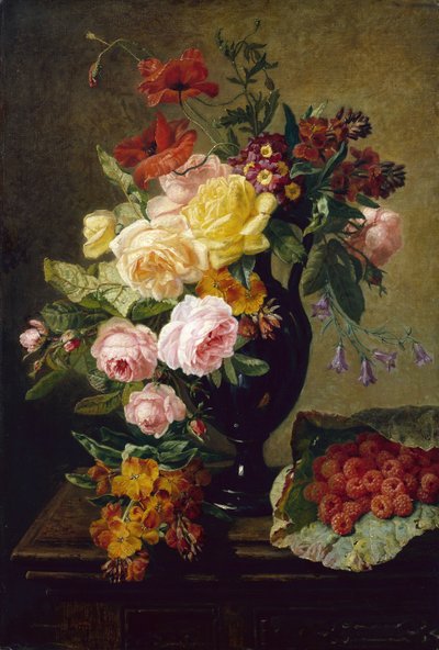 Rose, Papaveri, Violacciocche in un Vaso con Lamponi da Jean Pierre Lays