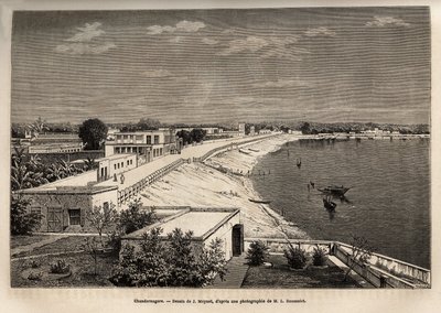 Chandernagor (attuale Chandannagar, nel Bengala Occidentale), sulle rive del Gange, incisione dal disegno di J.Moynet, illustrante il viaggio in India dei Rajah, nel 1864-1868, di Louis Rousselet, pubblicato in "Le tour du monde" 1874, a cura di Edouard Ch da Jean Pierre Moynet