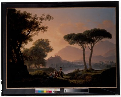 Mattina e Sera: Un paesaggio classico con pastori e ninfe vicino a un lago, un castello sulla collina oltre da Jean Pierre Pequignot