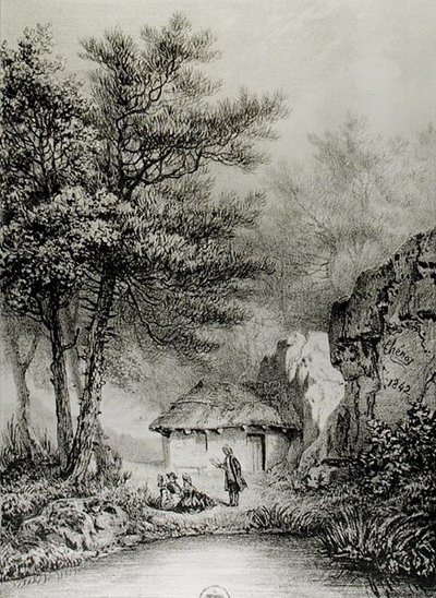 Capanna di Jean-Jacques Rousseau (1712-78) a Ermenonville, 1842 da Jean Pierre after Thenot