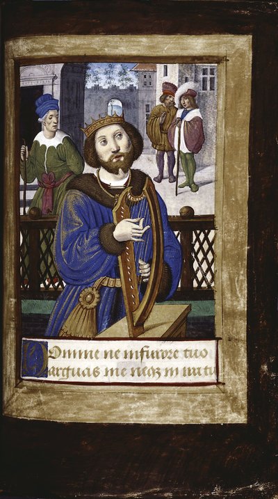 Re Davide che suona la sua arpa da Lettres bâtardes, ca 1490-1510 da Jean Poyet
