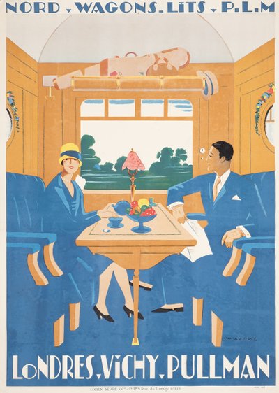 Poster pubblicitario per il treno espresso Pullman da Londra a Vichy da Jean Raoul Chaurand Naurac
