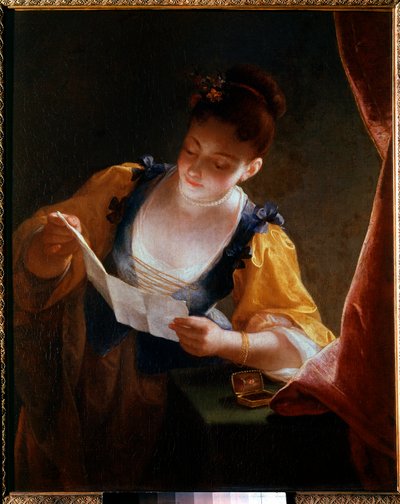 Giovane donna che legge una lettera da Jean Raoux