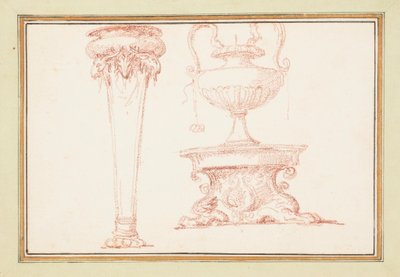 Disegno rilegato, un vaso e una lampada su un supporto, in Dessins d