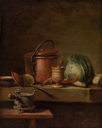 Natura morta con pentola di rame, cavolo, pestello e fornello da Jean Baptiste Simeon Chardin