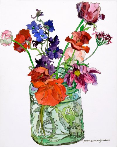 Delphiniums, Poppies  Others in Jar, 2011 (acquerello e inchiostro su carta) da Jean Swan Gordon