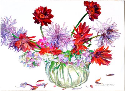 Gerbera, stella di Betlemme, crisantemi, brocca Heisey, 2000 (acquerello e inchiostro su carta) da Jean Swan Gordon