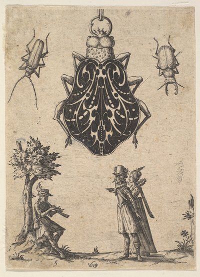 Pendente a forma di scarabeo con una coppia e un giovane che suona uno strumento, 1619 da Jean Toutin