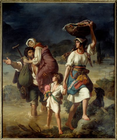 Una famiglia di contadini sorpresa da una rapida esondazione del Tevere fugge attraverso le acque, chiamata contadini della campagna romana in fuga da un