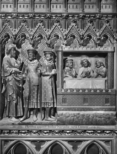 Cattedrale, interno, schermo del coro, Gesù Cristo appare a due discepoli sulla strada per Emmaus, la Cena di Emmaus, c.1340-51 da Jean and Jean Le Boutellier Ravy