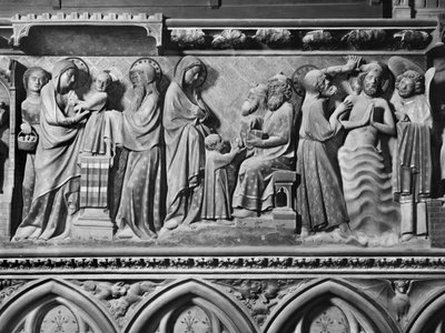Cattedrale, interno, schermo del coro, Presentazione di Gesù nel Tempio, Gesù tra i dottori, Battesimo di Cristo, c.1340-51 da Jean and Jean Le Boutellier Ravy