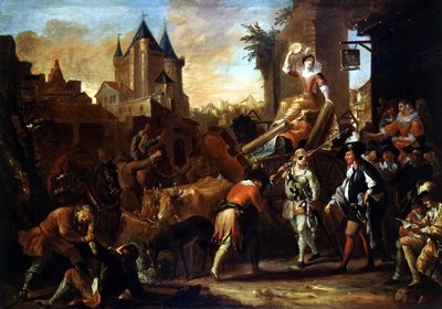 Arrivo dei comici a Le Mans Dipinto che illustra "The Comic Roman" di Paul Scarron (1610-1660). Dipinto di Jean-Baptiste Coulom (o Coulon) (ca. 1695-1735) da Jean de Coulom