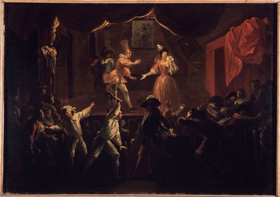 Successi deplorevoli di questo pezzo. Uno dei giocatori di palma, a cui erano stati derubati i vestiti, dà una grande racchetta a La Rapiniere. Dipinto che illustra “Il Romanzo Comico” di Paul Scarron (1610-1660). Olio su tela di Jean-Baptiste Coulom (o Co da Jean de Coulom