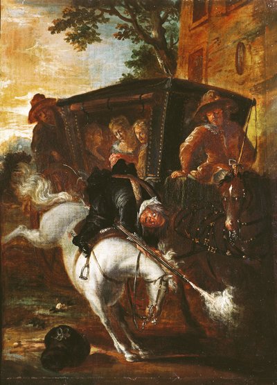 Con un moschetto sulla schiena, Ragotin sale sul suo cavallo per accompagnare la troupe, da 