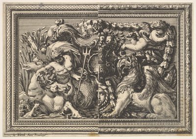 Design per un pannello con due varianti contenenti un ippocampo e un grifone, da: Ornements..., 1651 da Jean le Pautre