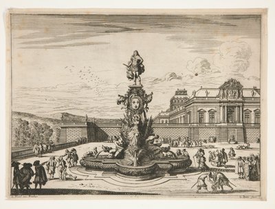 Fontana, con palazzo sullo sfondo a destra da Jean le Pautre